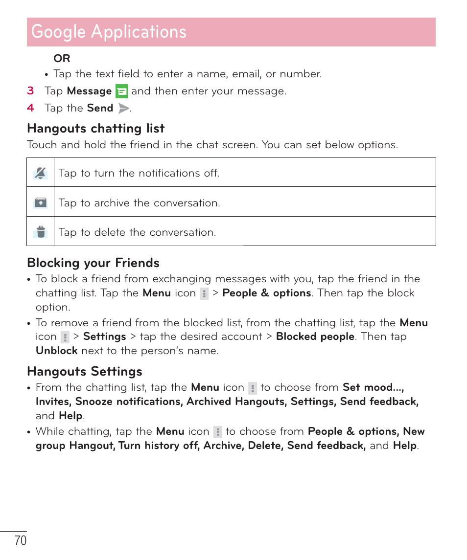Google applications, Hangouts chatting list, Blocking your friends | Hangouts settings | LG LGD851TN User Manual | Page 71 / 145