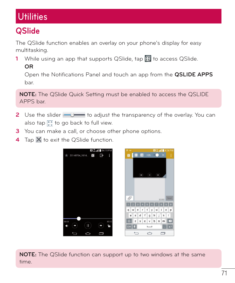 Utilities, Qslide | LG LGD851TN User Manual | Page 72 / 145