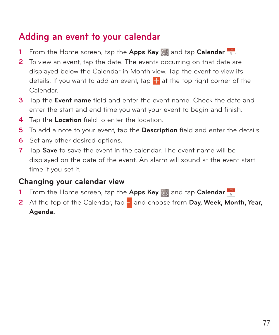 Adding an event to your calendar, Changing your calendar view | LG LGD851TN User Manual | Page 78 / 145