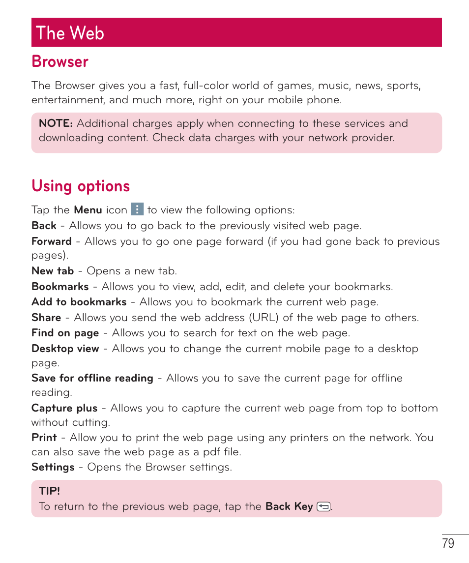 The web, Browser, Using options | LG LGD851TN User Manual | Page 80 / 145