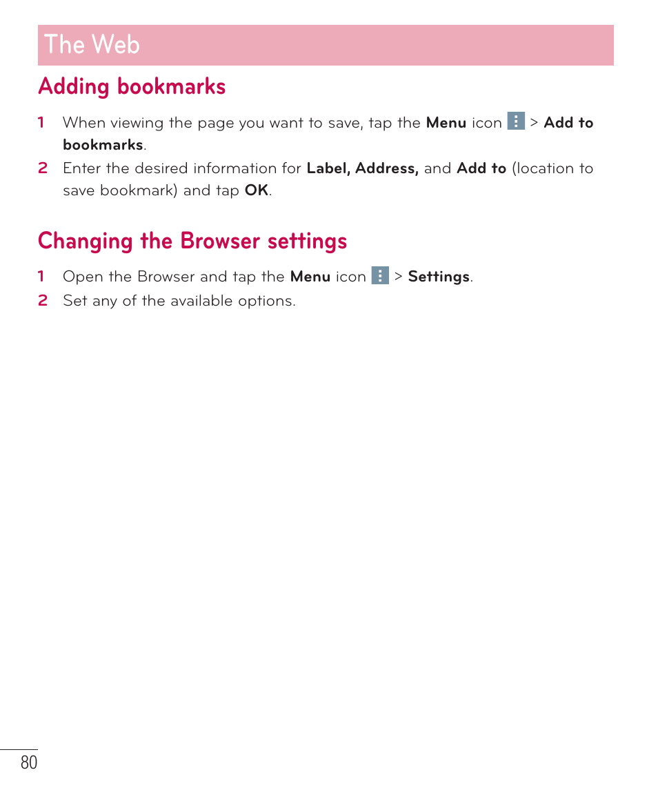 Adding bookmarks, Changing the browser settings, The web | LG LGD851TN User Manual | Page 81 / 145