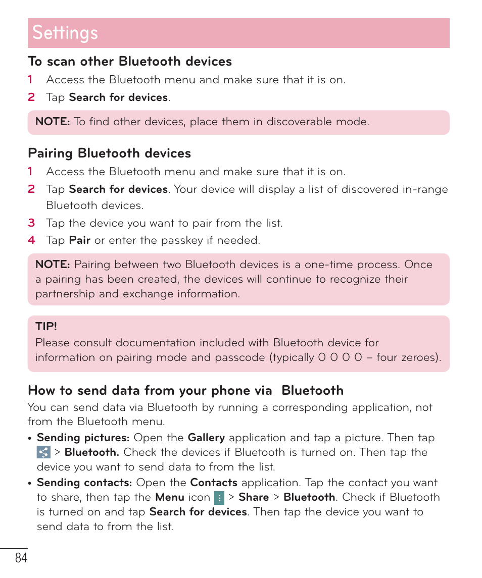 Settings, Pairing bluetooth devices, How to send data from your phone via bluetooth | LG LGD851TN User Manual | Page 85 / 145