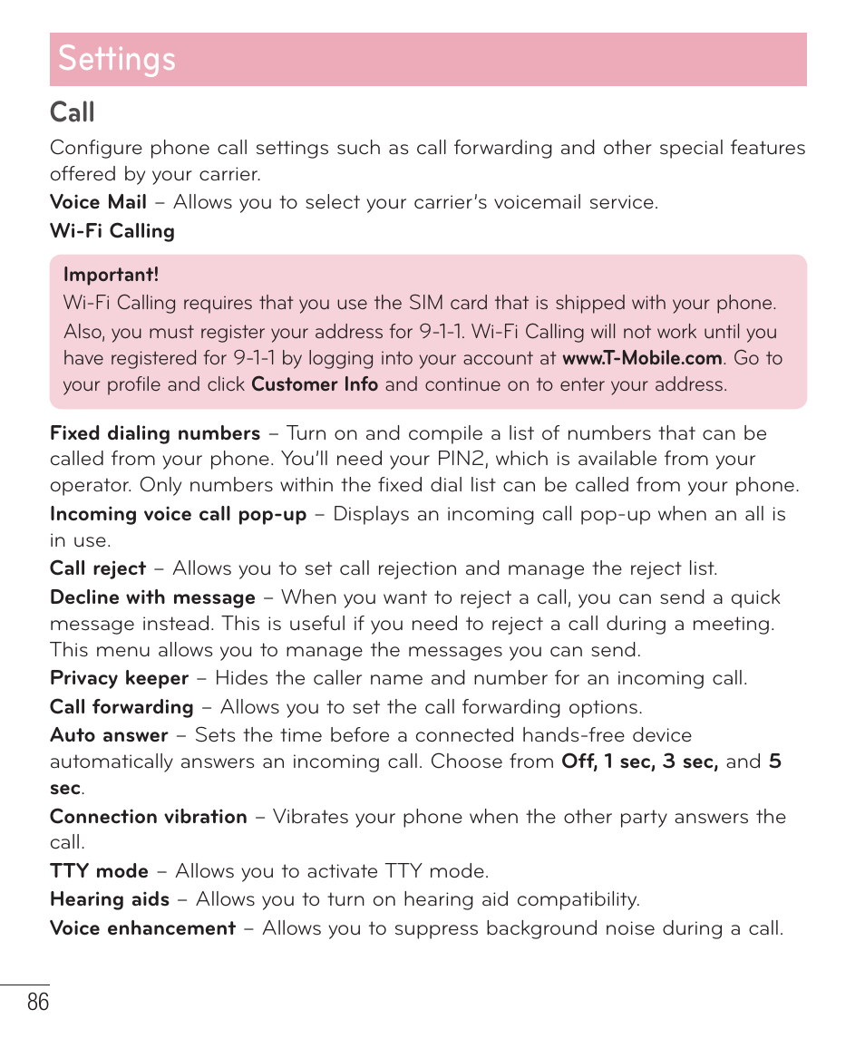 Settings, Call | LG LGD851TN User Manual | Page 87 / 145
