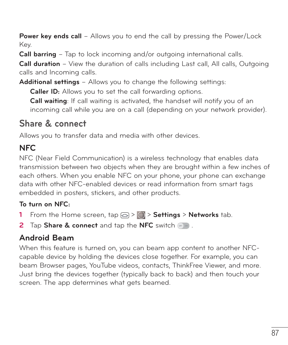 Share & connect, Android beam | LG LGD851TN User Manual | Page 88 / 145