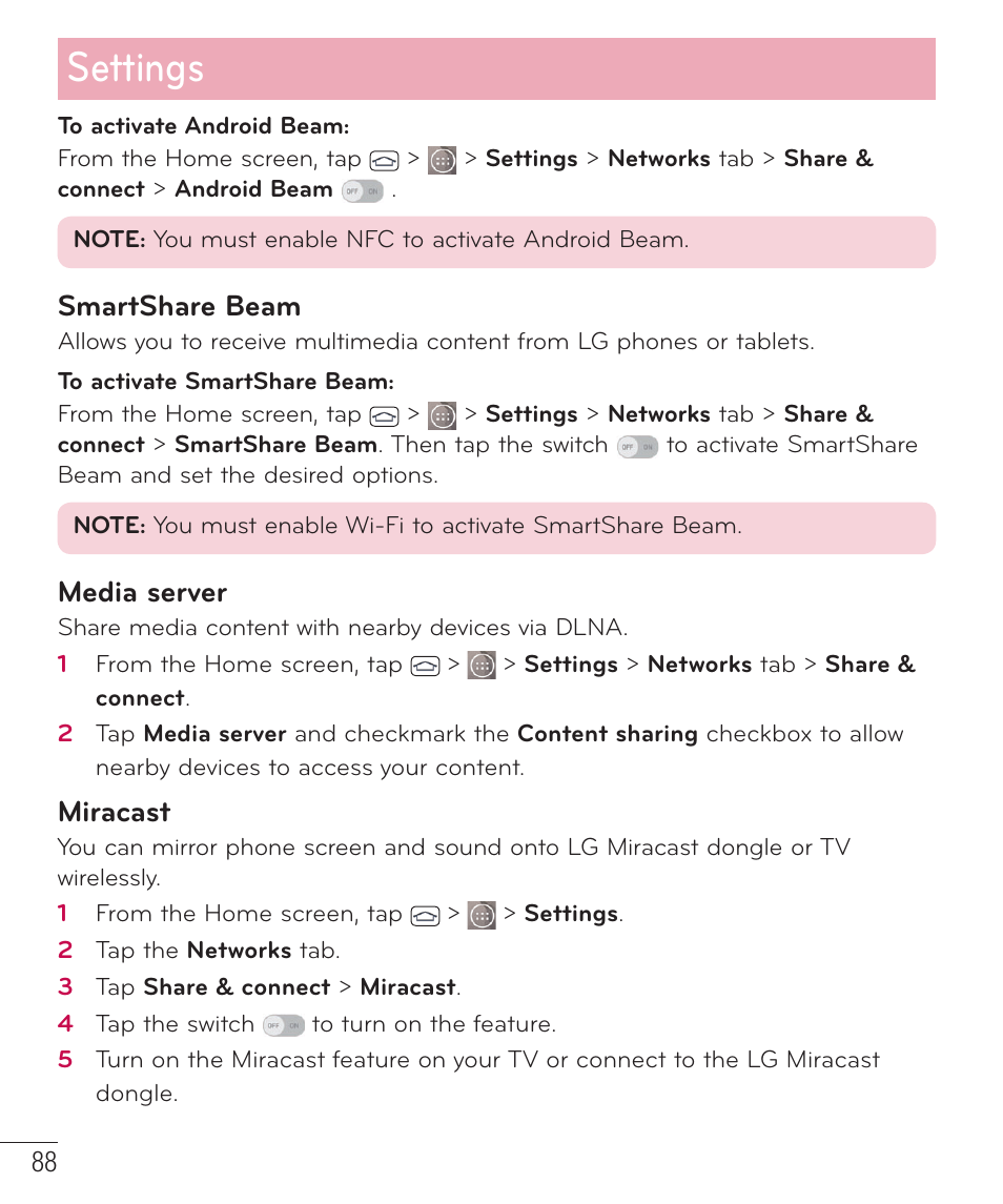 Settings, Smartshare beam, Media server | Miracast | LG LGD851TN User Manual | Page 89 / 145