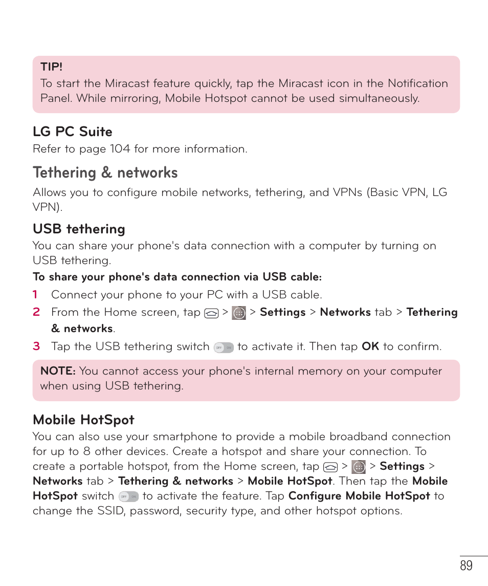 Tethering & networks, Lg pc suite, Usb tethering | Mobile hotspot | LG LGD851TN User Manual | Page 90 / 145