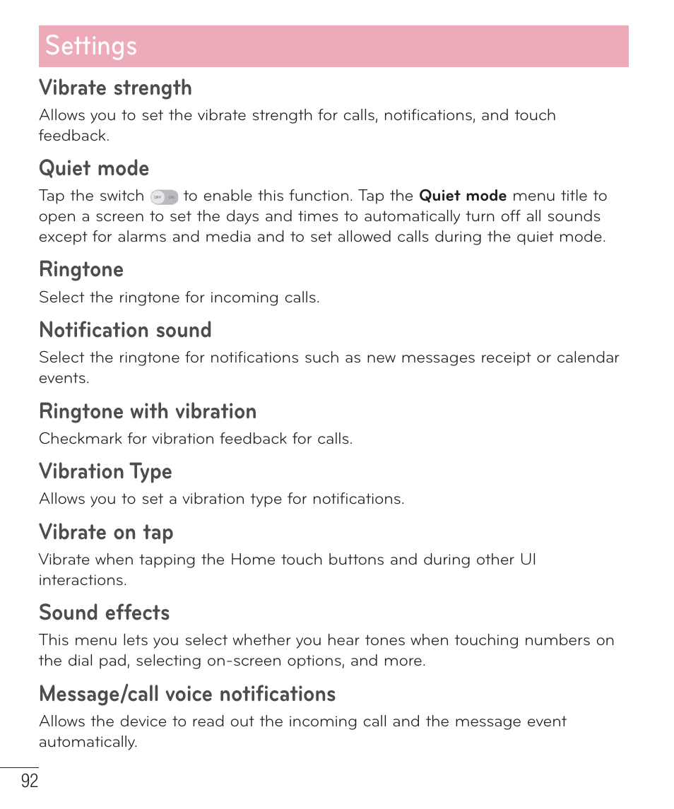 Settings, Vibrate strength, Quiet mode | Ringtone, Notification sound, Ringtone with vibration, Vibration type, Vibrate on tap, Sound effects, Message/call voice notifications | LG LGD851TN User Manual | Page 93 / 145