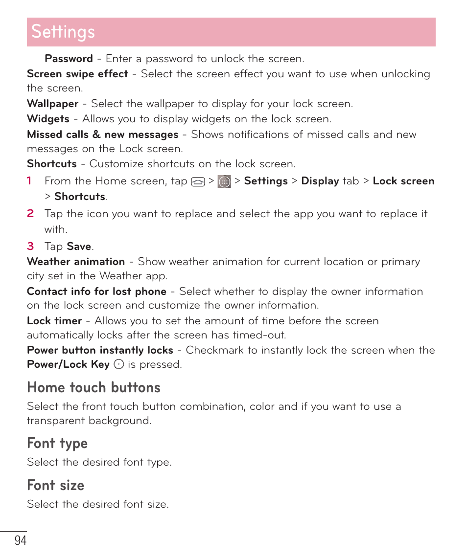 Settings, Home touch buttons, Font type | Font size | LG LGD851TN User Manual | Page 95 / 145