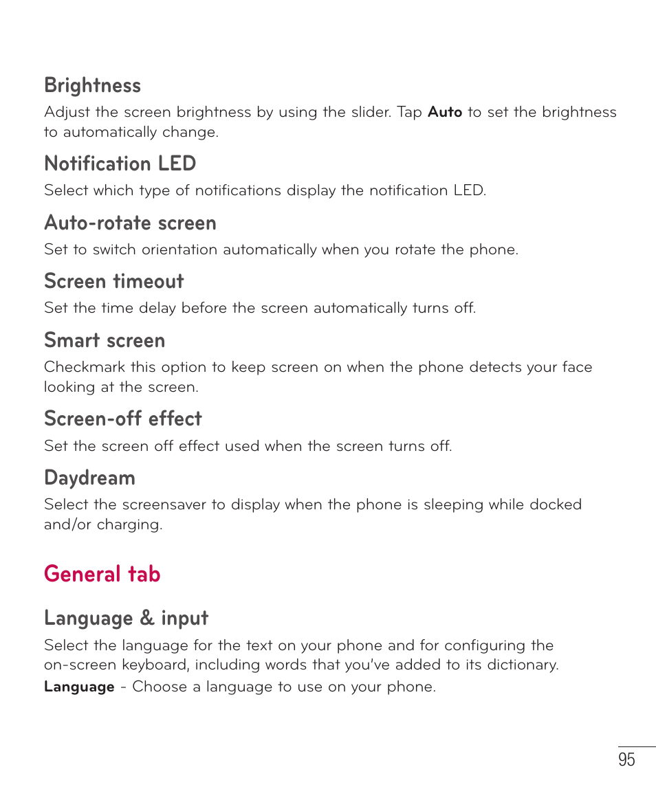 General tab, Brightness, Notification led | Auto-rotate screen, Screen timeout, Smart screen, Screen-off effect, Daydream, Language & input | LG LGD851TN User Manual | Page 96 / 145