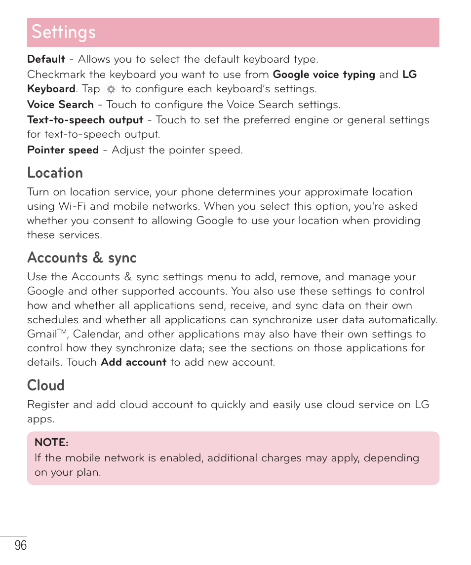 Settings, Location, Accounts & sync | Cloud | LG LGD851TN User Manual | Page 97 / 145