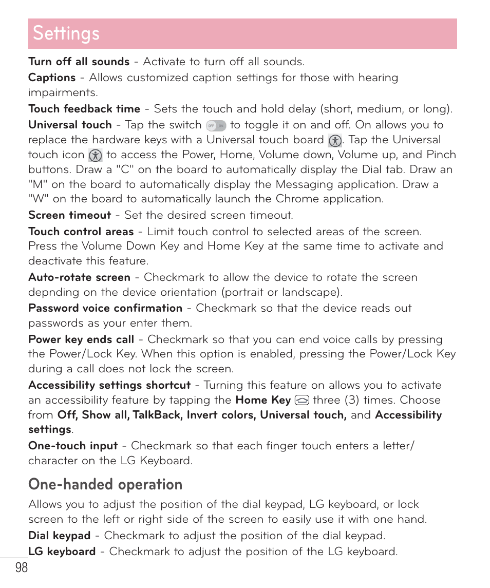 Settings, One-handed operation | LG LGD851TN User Manual | Page 99 / 145