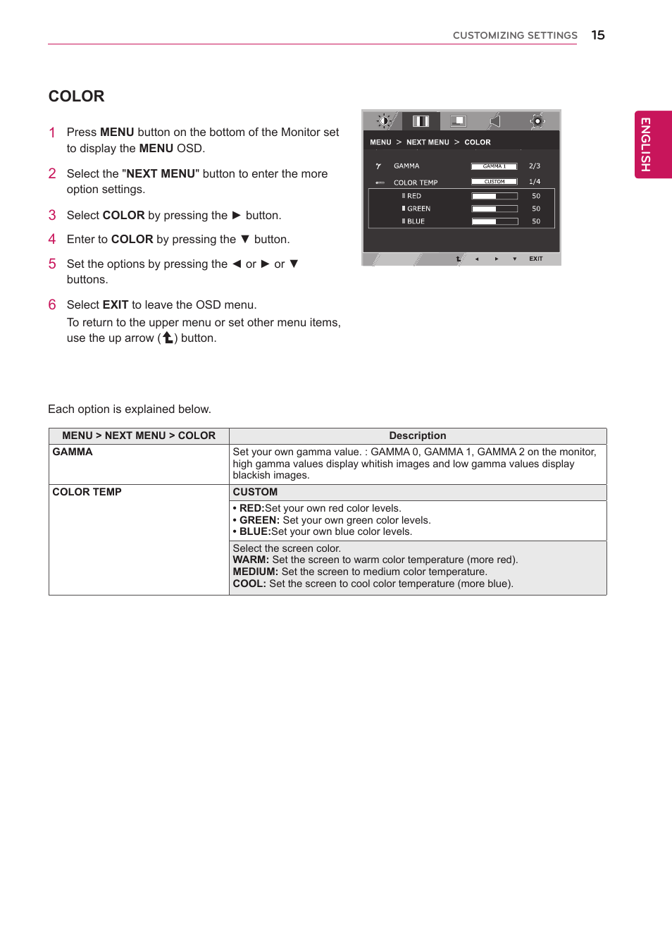 Color | LG 27EA33V-B User Manual | Page 15 / 28