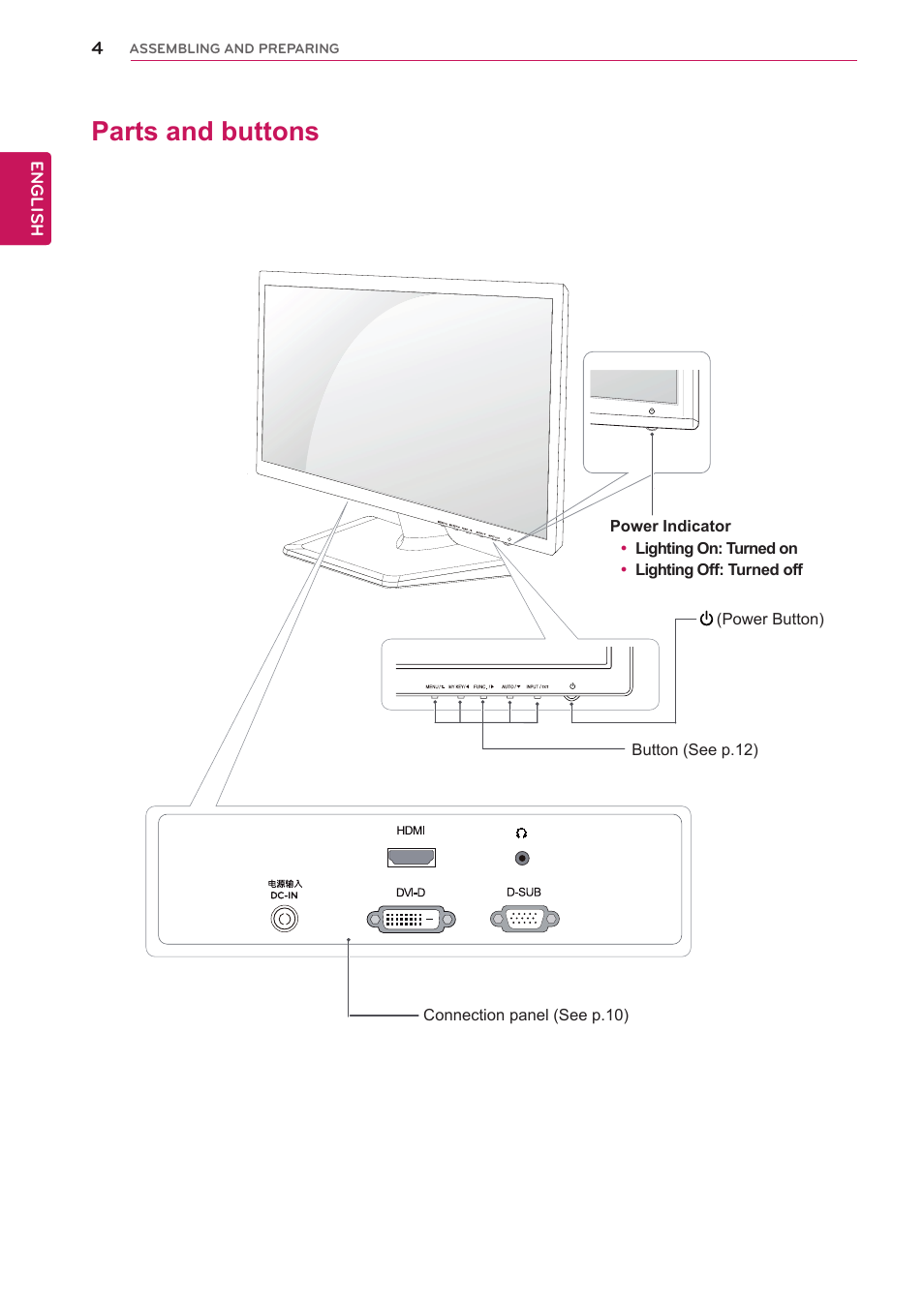 Parts and buttons | LG 27EA33V-B User Manual | Page 4 / 28