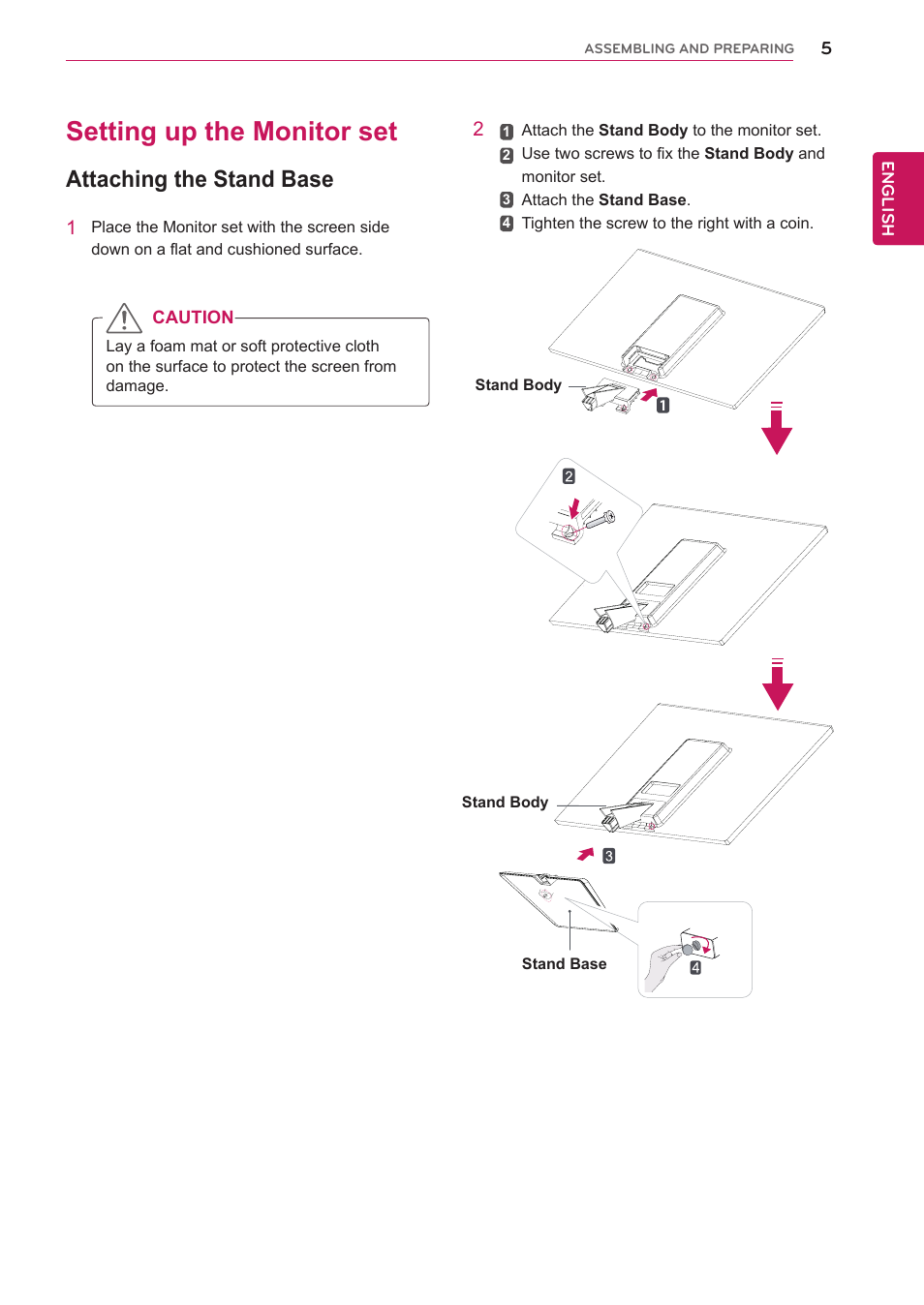 Setting up the monitor set, Attaching the stand base | LG 27EA33V-B User Manual | Page 5 / 28