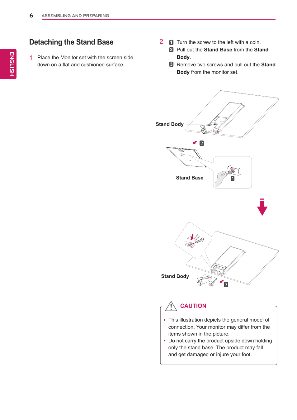 Detaching the stand base | LG 27EA33V-B User Manual | Page 6 / 28