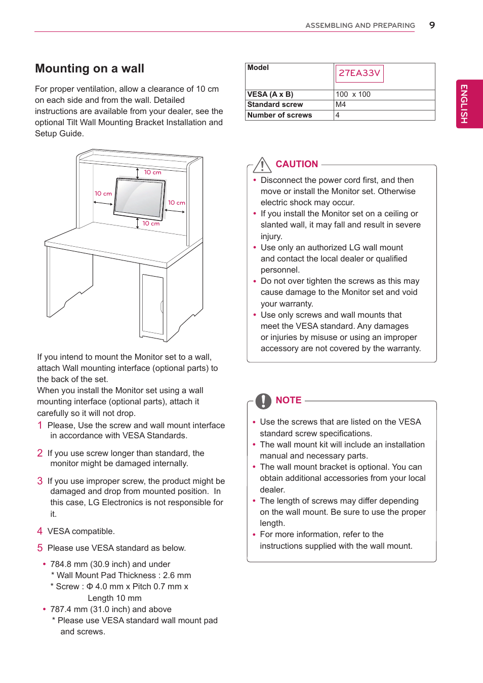 Mounting on a wall | LG 27EA33V-B User Manual | Page 9 / 28