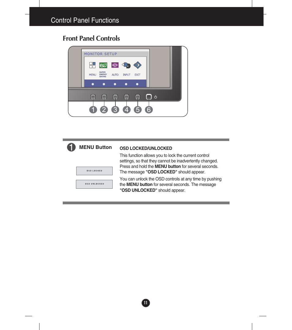 Control panel functions, Front panel controls, Control panel functions front panel controls | LG E2211TB-BN User Manual | Page 13 / 30