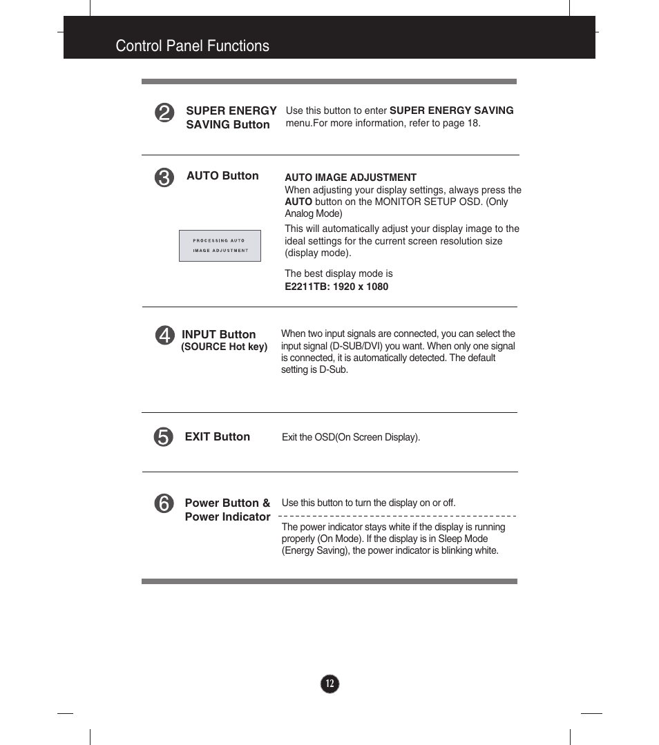 Control panel functions | LG E2211TB-BN User Manual | Page 14 / 30
