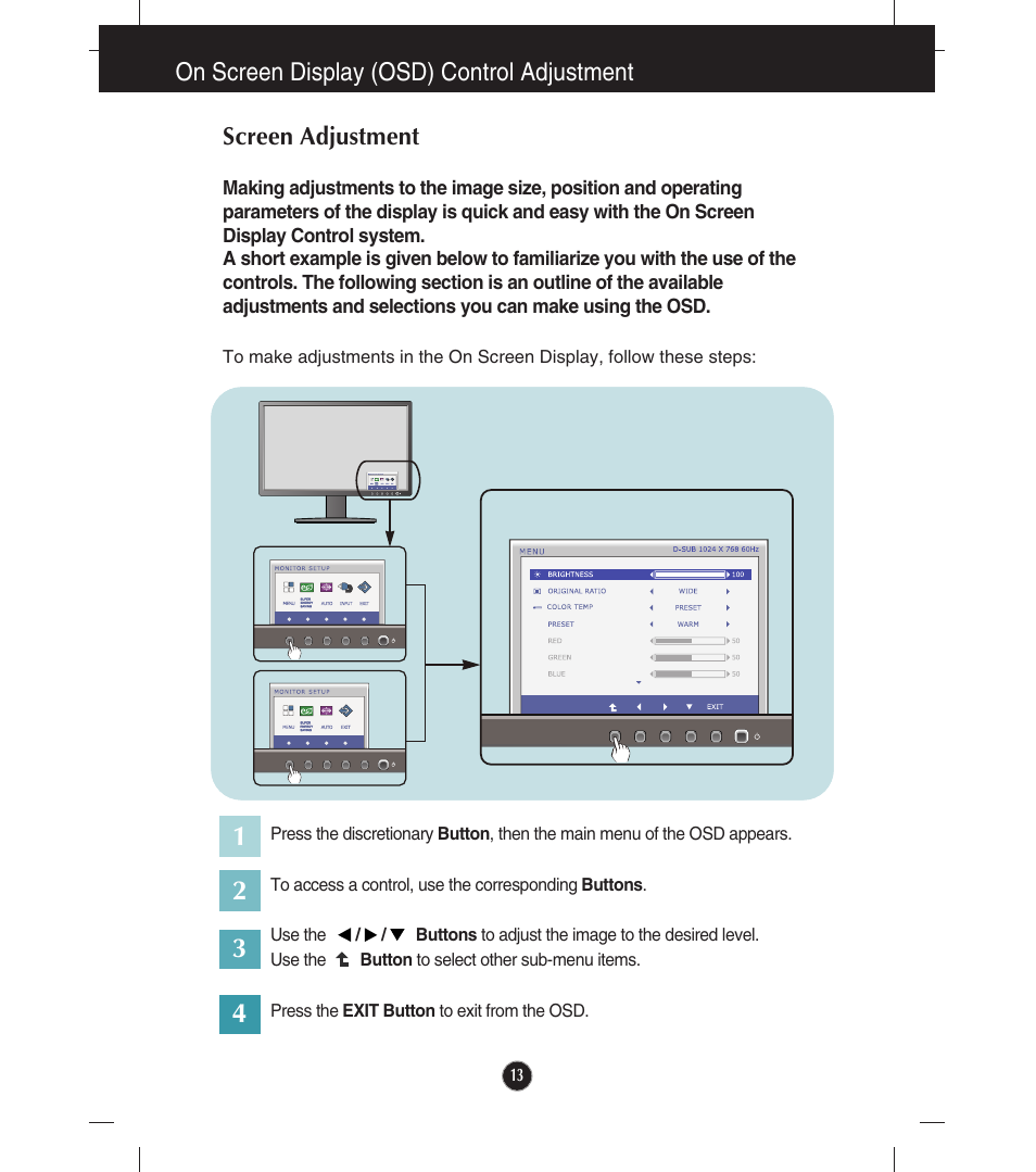 On screen display (osd) control adjustment, Screen adjustment | LG E2211TB-BN User Manual | Page 15 / 30