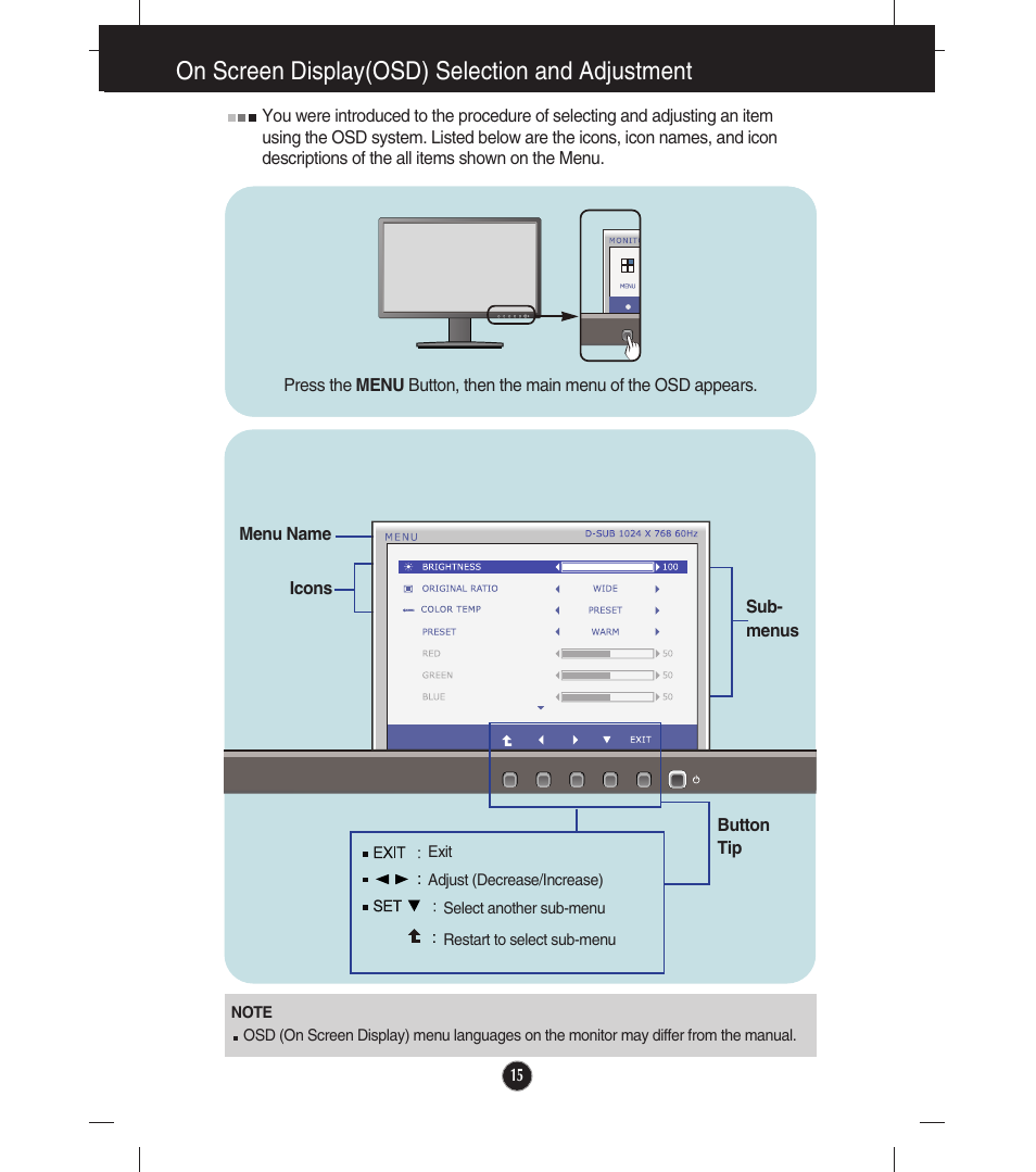 Menu, On screen display(osd) selection and adjustment | LG E2211TB-BN User Manual | Page 17 / 30