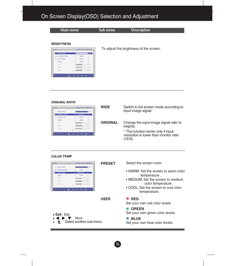 Brightness, Original ratio, Color temp | On screen display(osd) selection and adjustment | LG E2211TB-BN User Manual | Page 18 / 30