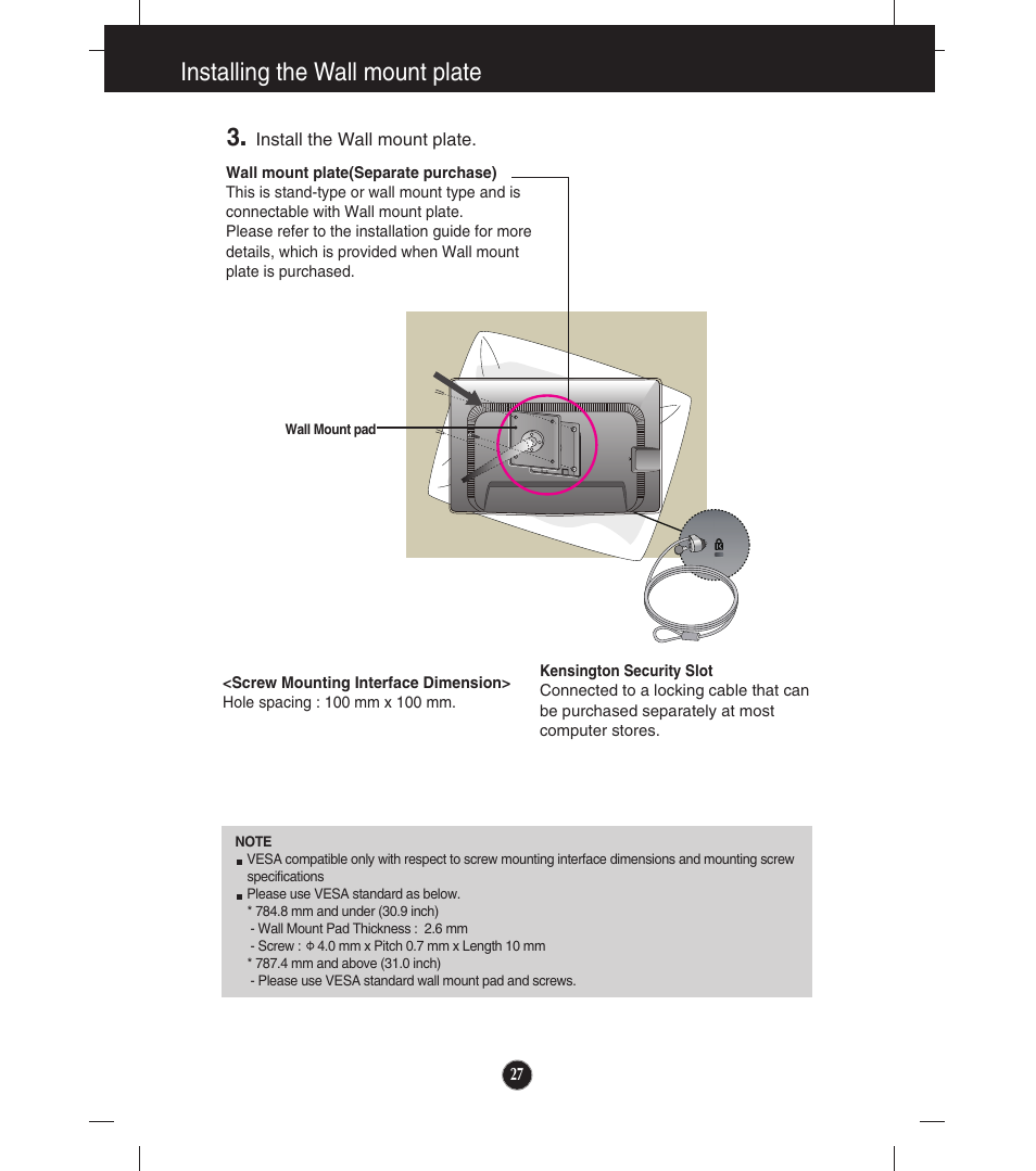 Installing the wall mount plate | LG E2211TB-BN User Manual | Page 29 / 30