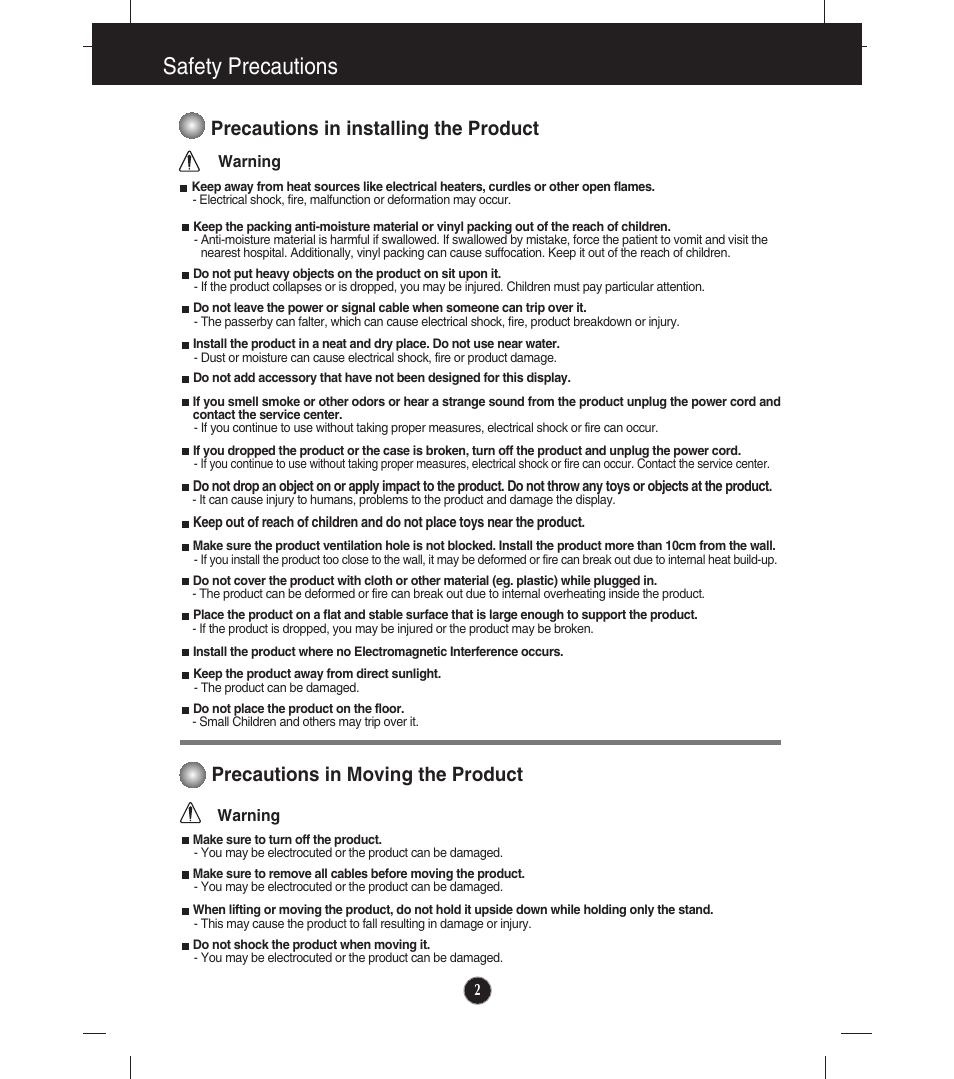 Precautions in installing the product, Precautions in moving the product, Safety precautions | LG E2211TB-BN User Manual | Page 4 / 30