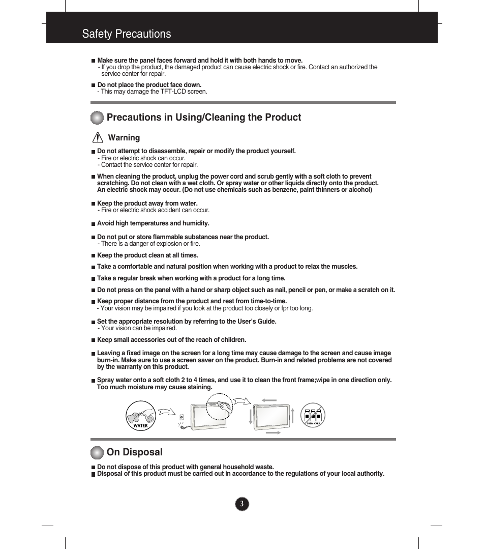 Precautions in using/cleaning the product, On disposal, Safety precautions | LG E2211TB-BN User Manual | Page 5 / 30