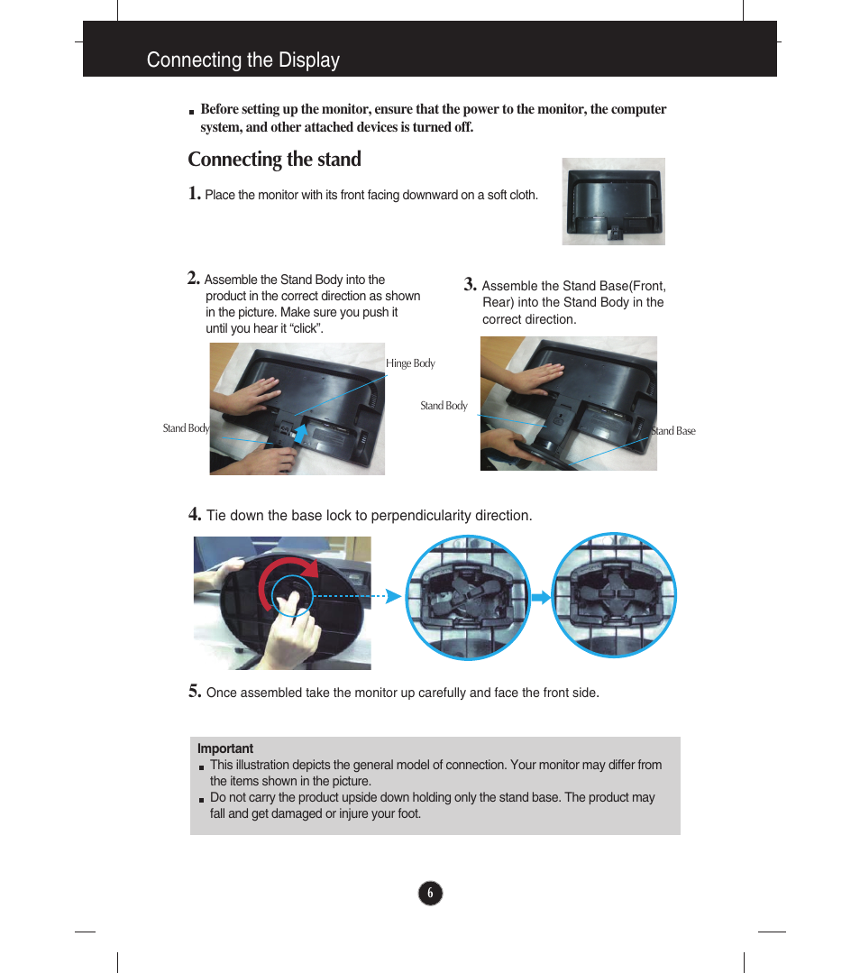 Connecting the display, Connecting the stand | LG E2211TB-BN User Manual | Page 8 / 30