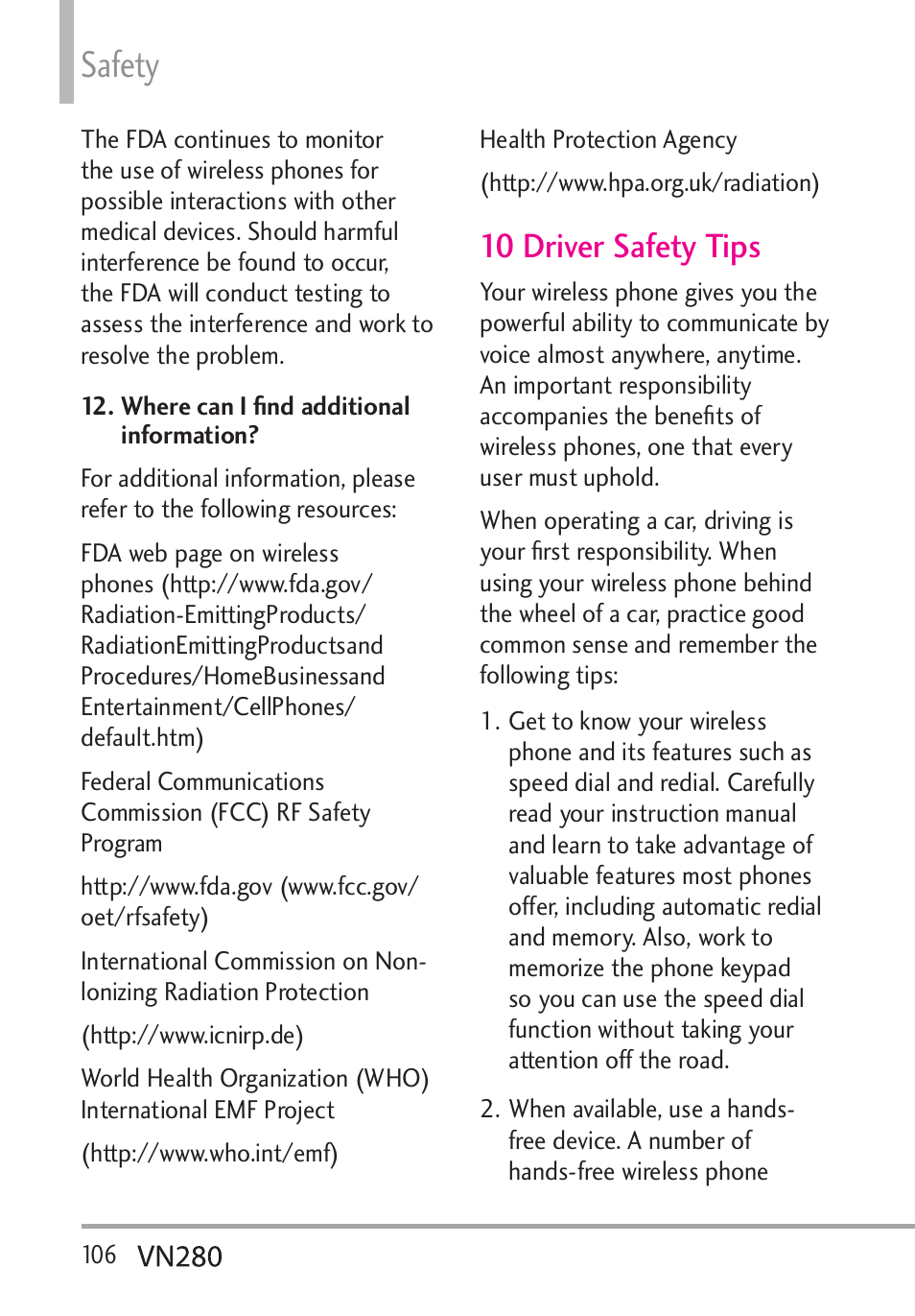 Safety, 10 driver safety tips | LG VN280 User Manual | Page 108 / 126