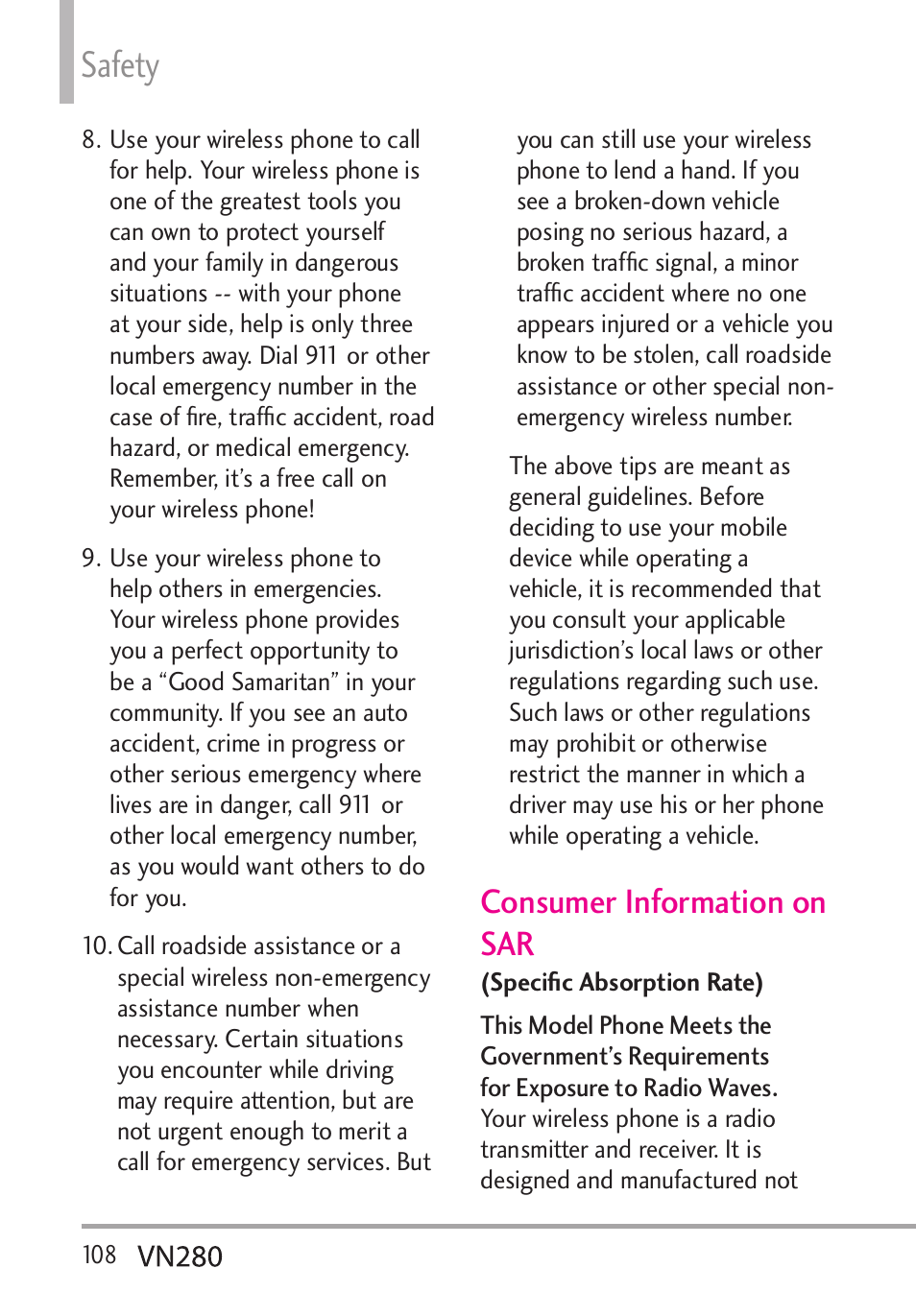 Safety, Consumer information on sar | LG VN280 User Manual | Page 110 / 126