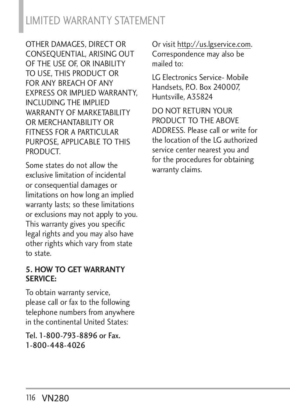 Limited warranty statement | LG VN280 User Manual | Page 118 / 126