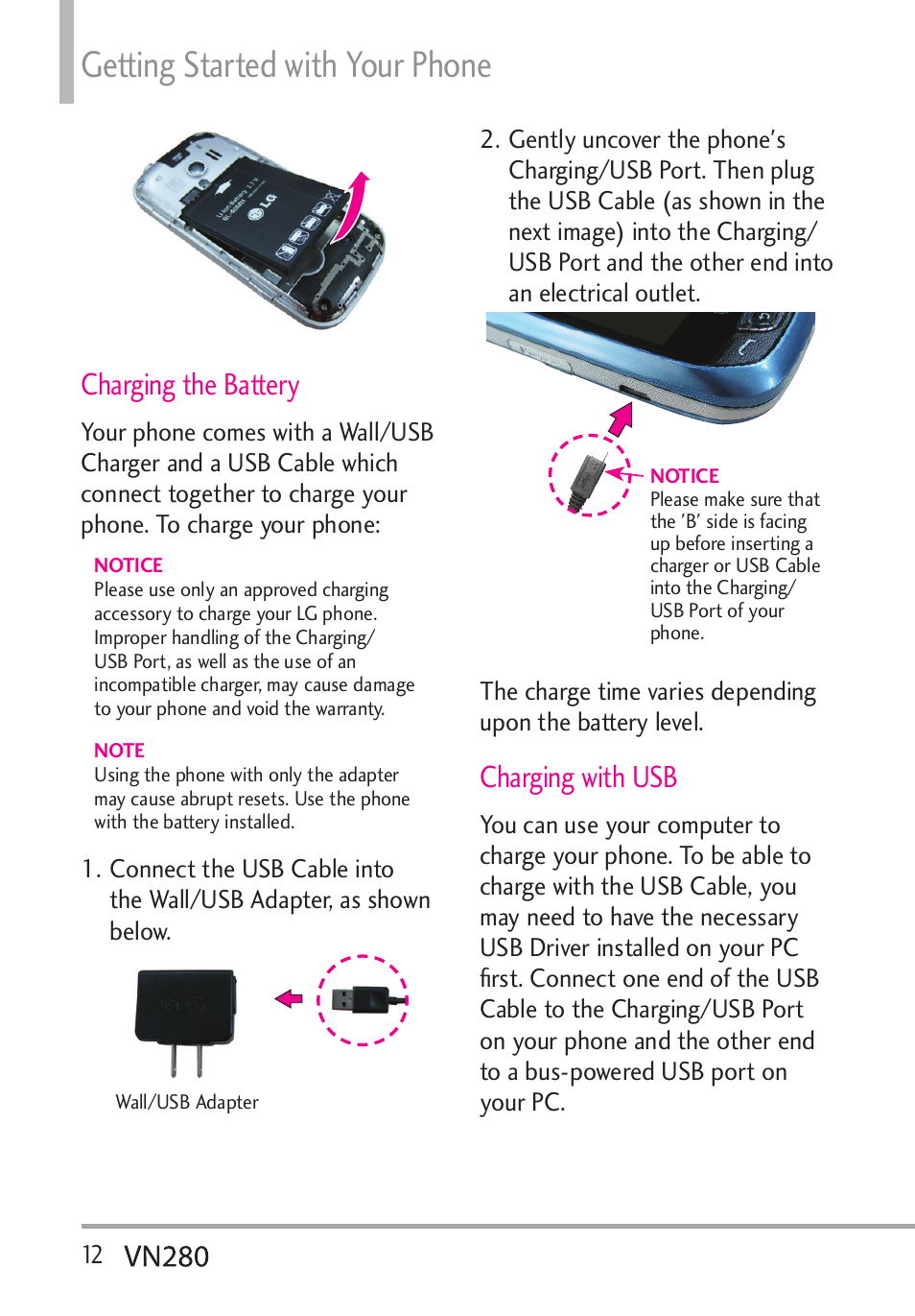 Getting started with your phone, Charging the battery, Charging with usb | LG VN280 User Manual | Page 14 / 126