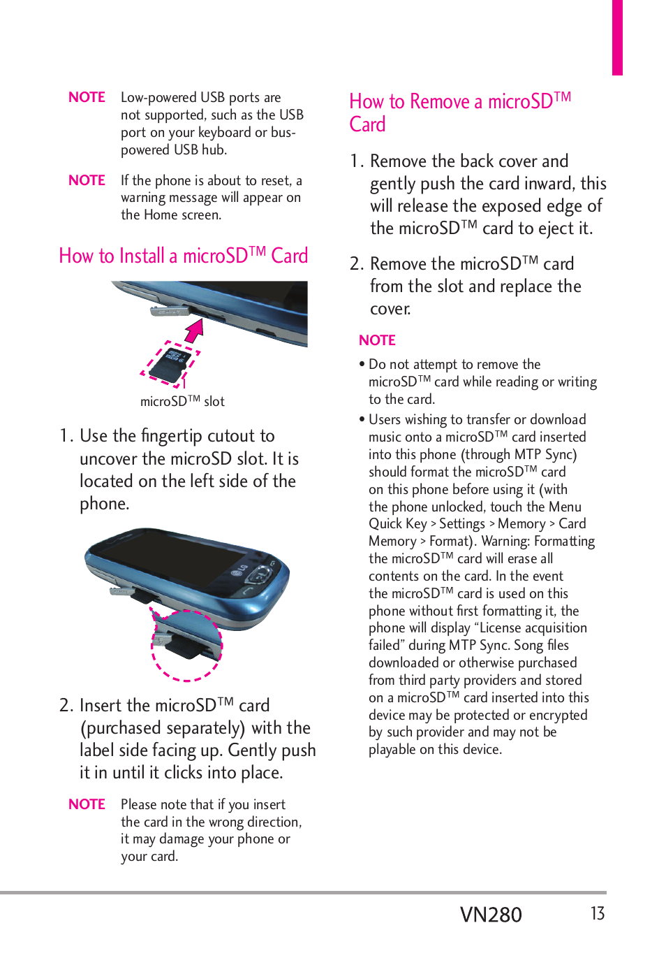 How to install a microsd™ card, How to remove a microsd™ card | LG VN280 User Manual | Page 15 / 126