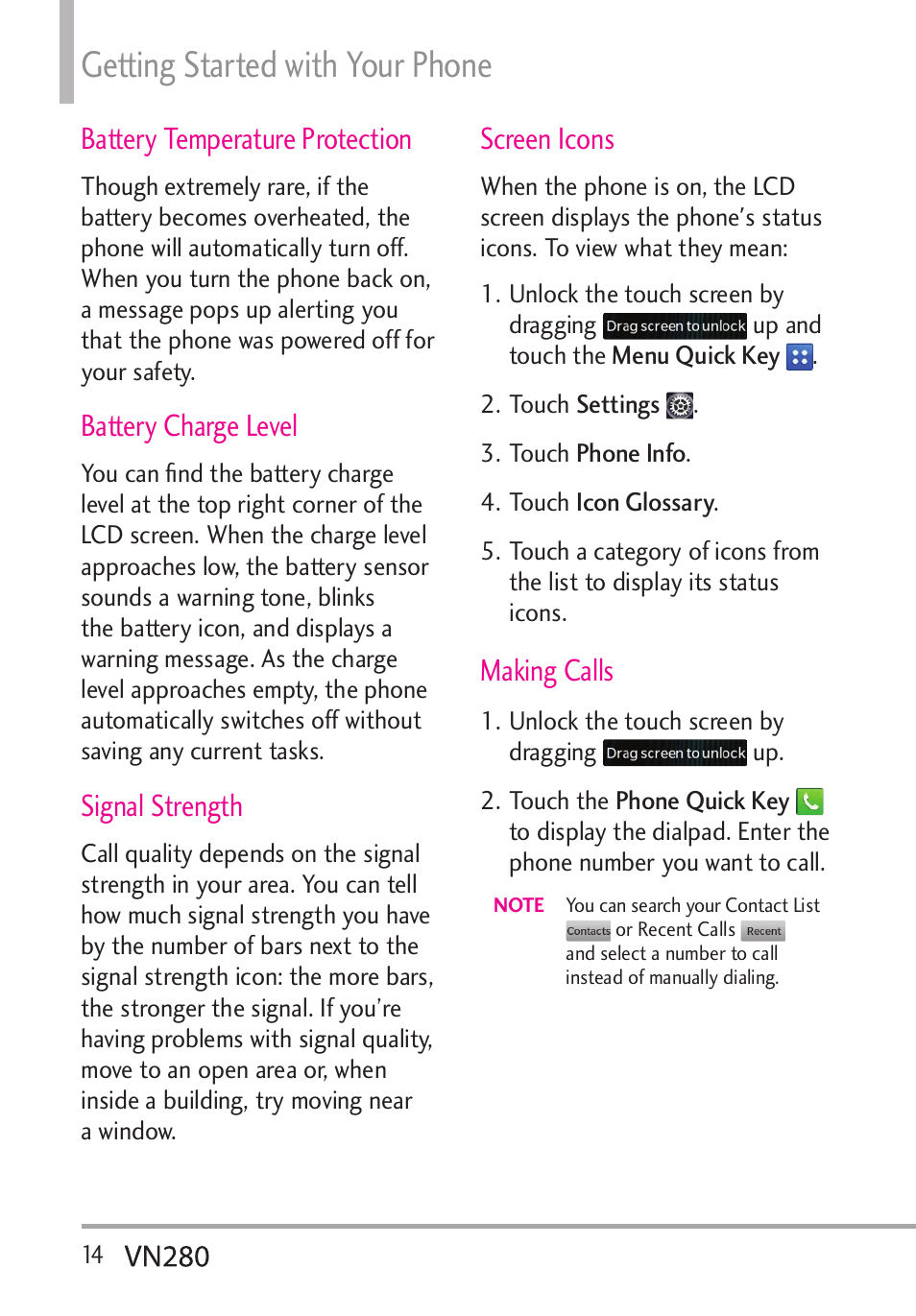 Getting started with your phone, Battery temperature protection, Battery charge level | Signal strength, Screen icons, Making calls | LG VN280 User Manual | Page 16 / 126