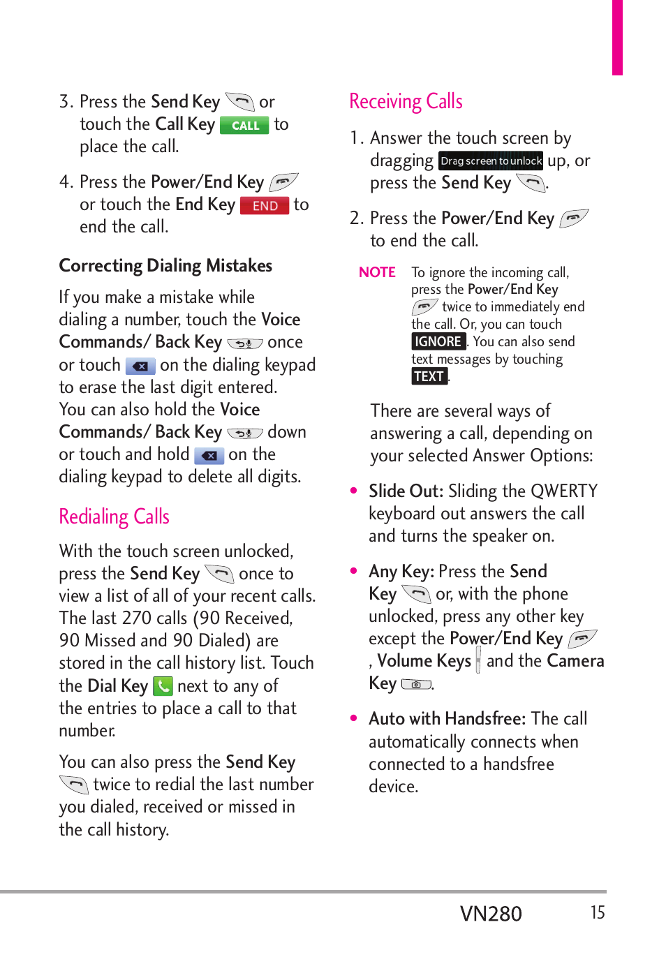 Redialing calls, Receiving calls | LG VN280 User Manual | Page 17 / 126