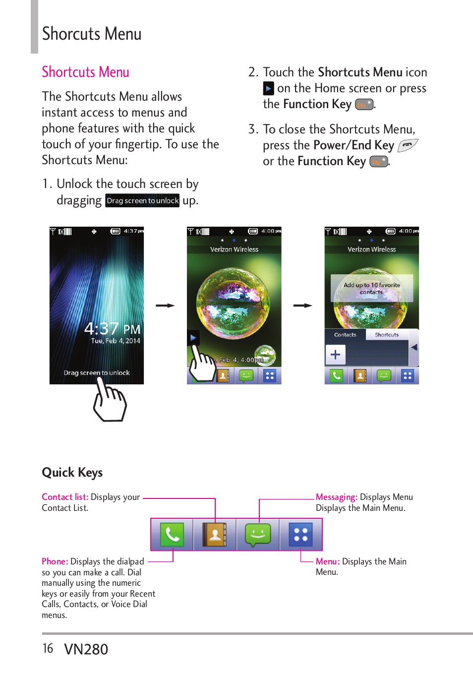 5jqtewvu/gpw, Shortcuts menu | LG VN280 User Manual | Page 18 / 126