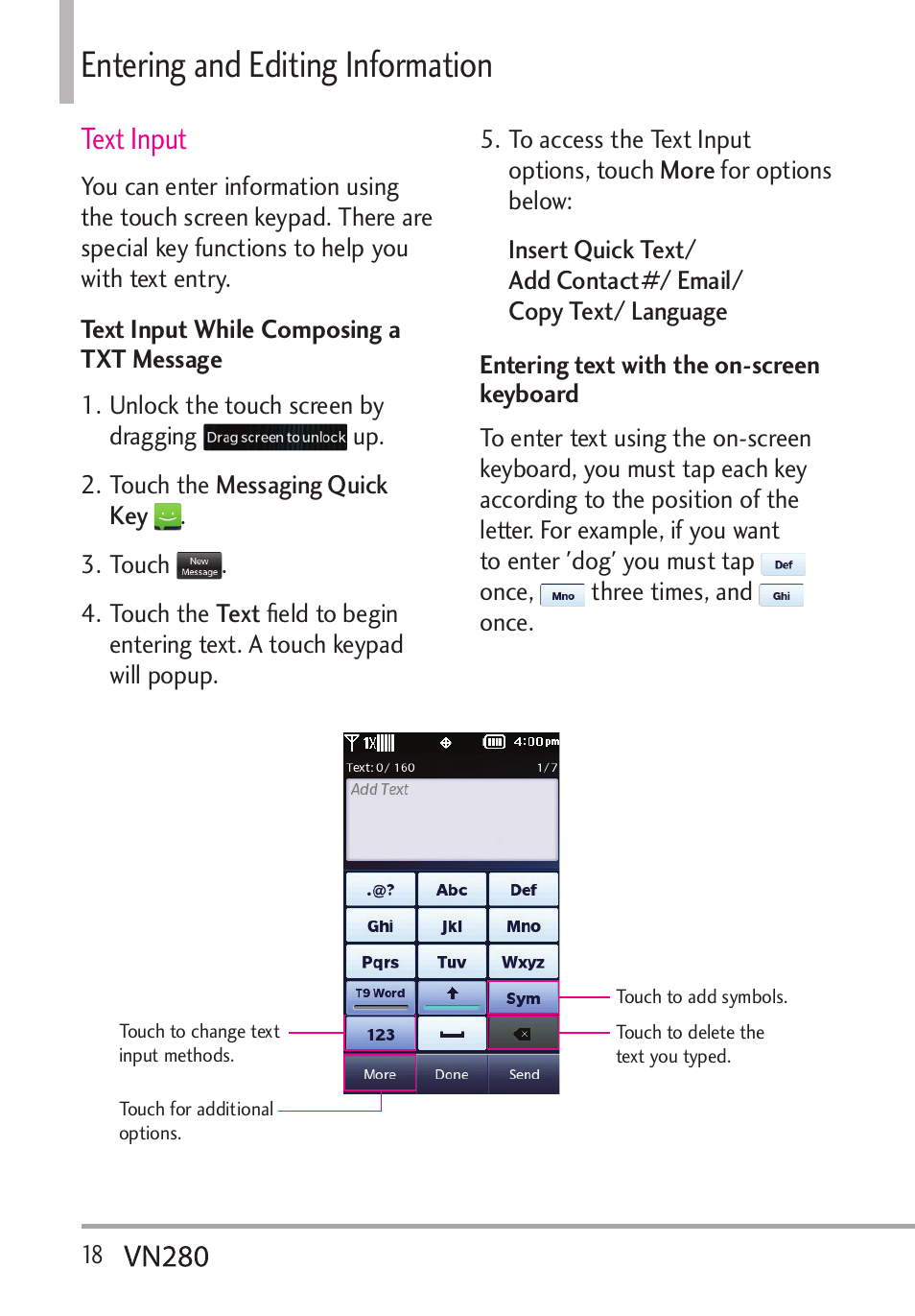 Entering and editing information, Text input | LG VN280 User Manual | Page 20 / 126