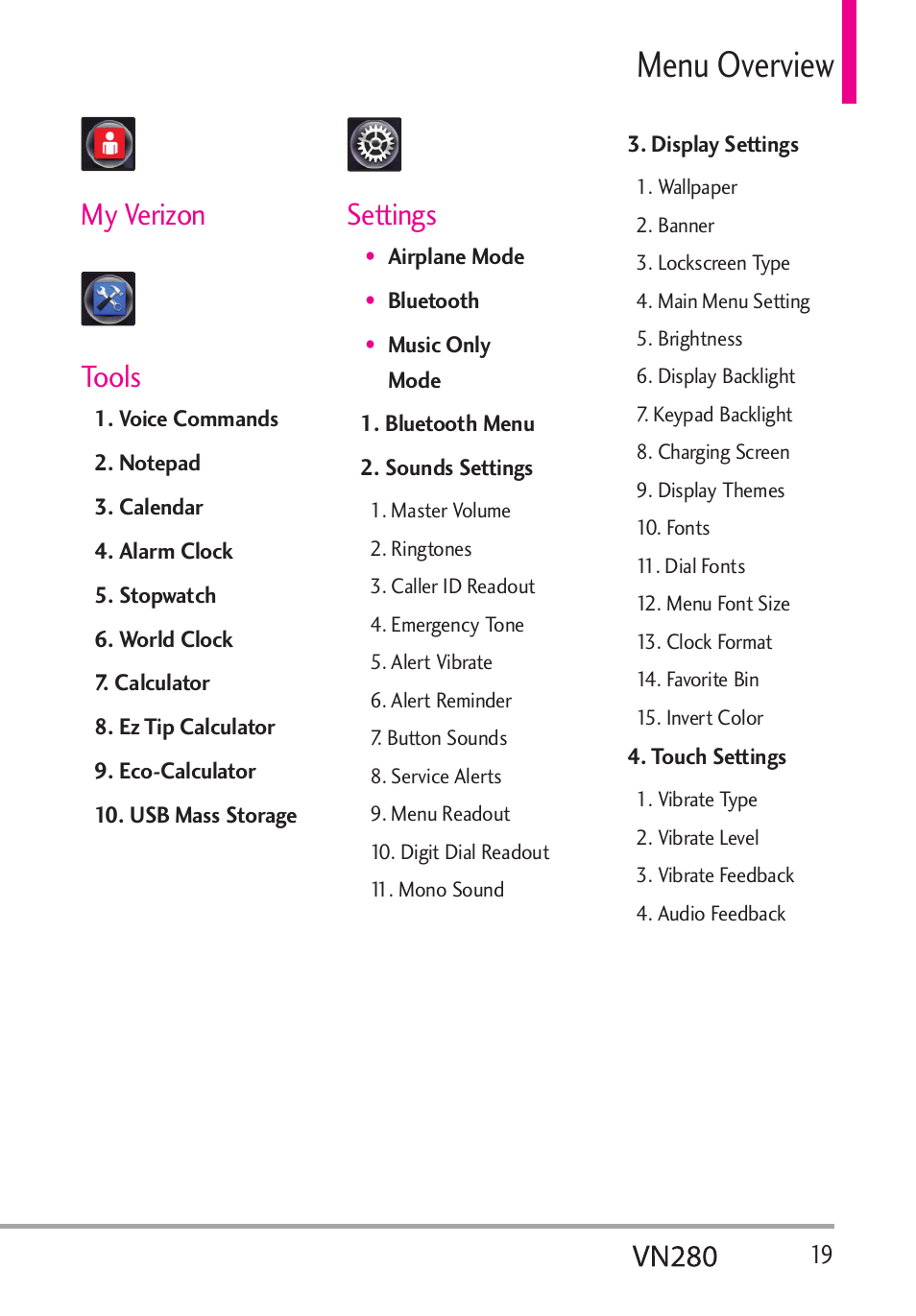 Gpw1xgtxkgy, My verizon tools, Settings | LG VN280 User Manual | Page 21 / 126