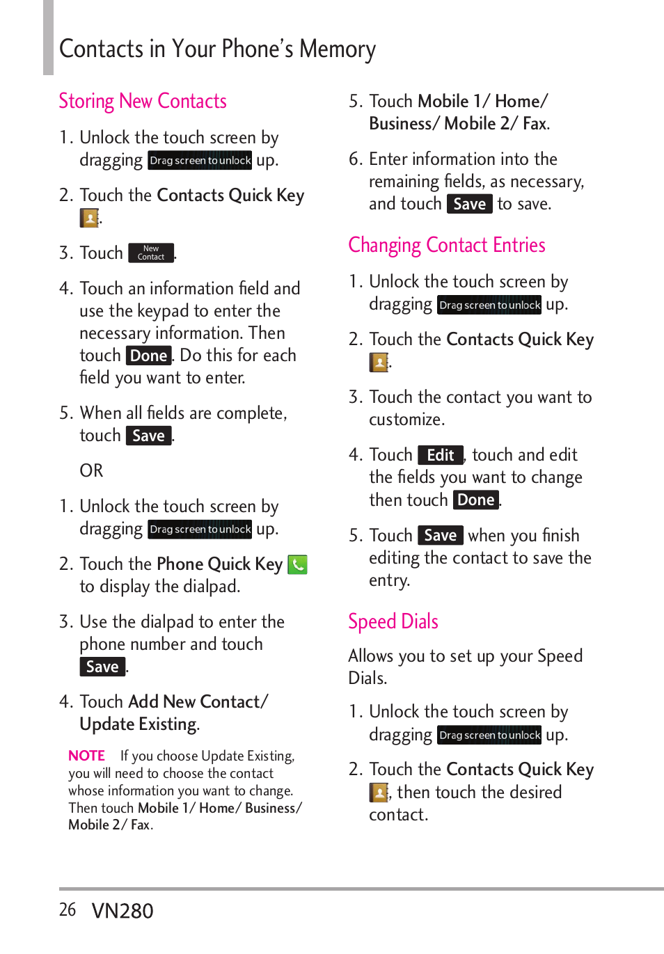 Qpvcevukp;qwt2jqpg¶u/goqt, Storing new contacts, Changing contact entries | Speed dials | LG VN280 User Manual | Page 28 / 126