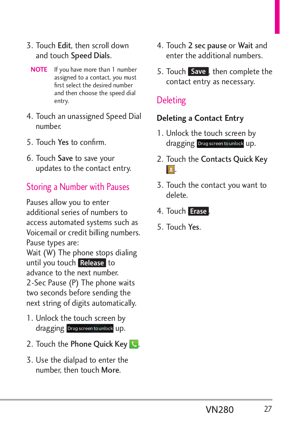 Storing a number with pauses, Deleting | LG VN280 User Manual | Page 29 / 126