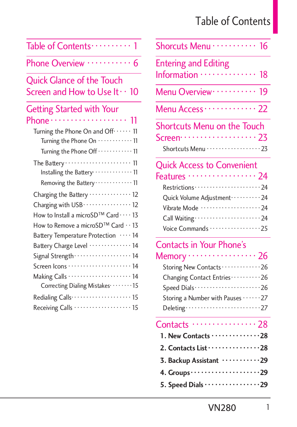 6cdngqh%qpvgpvu, Contacts · · · · · · · · · · · · · · · · 28 | LG VN280 User Manual | Page 3 / 126