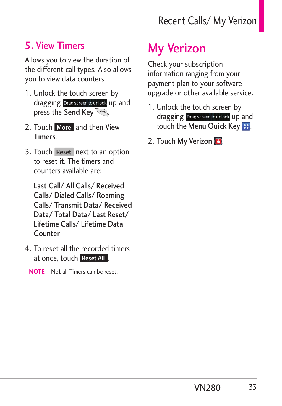 My verizon, Recent calls/ my verizon, View timers | LG VN280 User Manual | Page 35 / 126