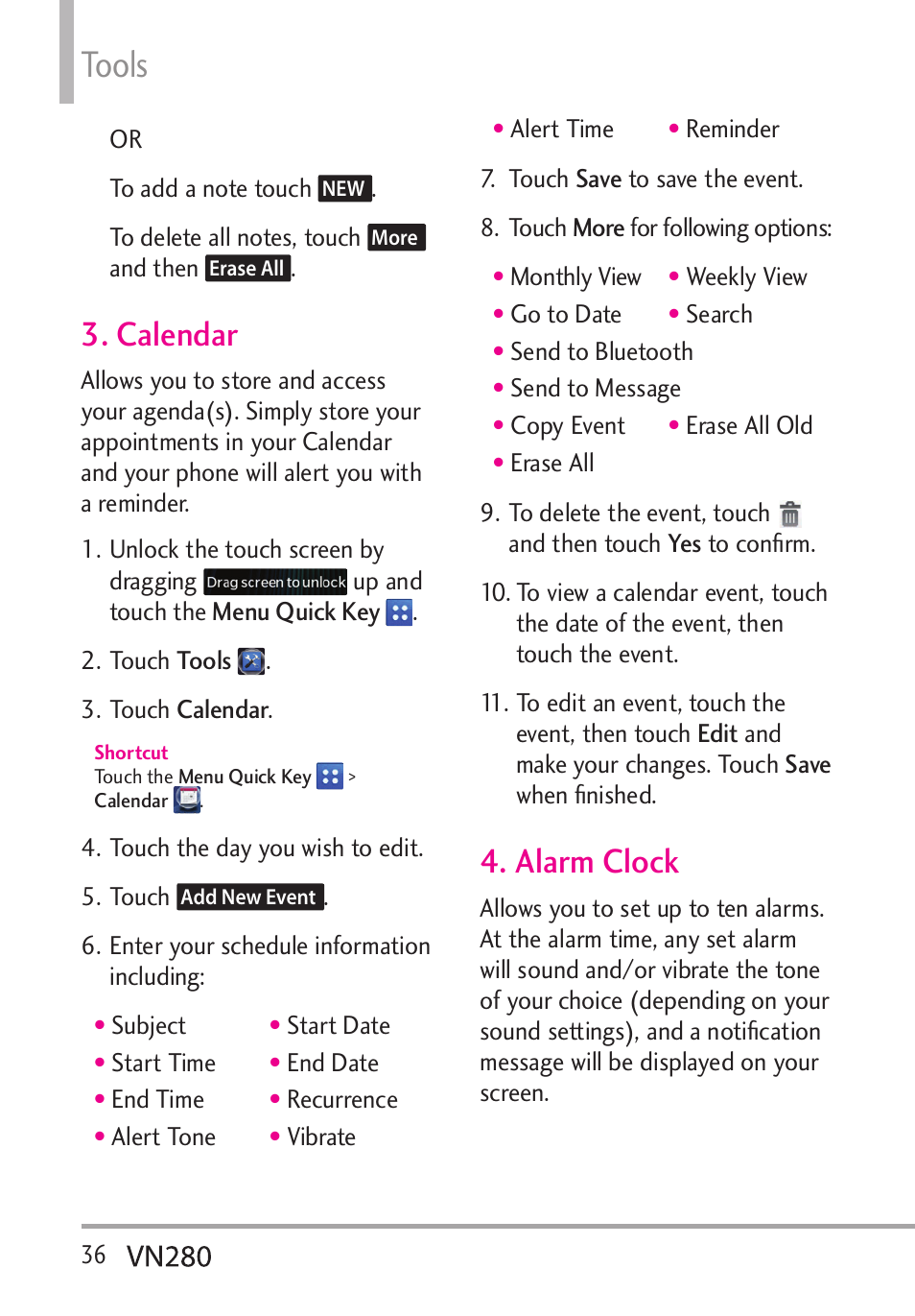 Tools, Calendar, Alarm clock | LG VN280 User Manual | Page 38 / 126