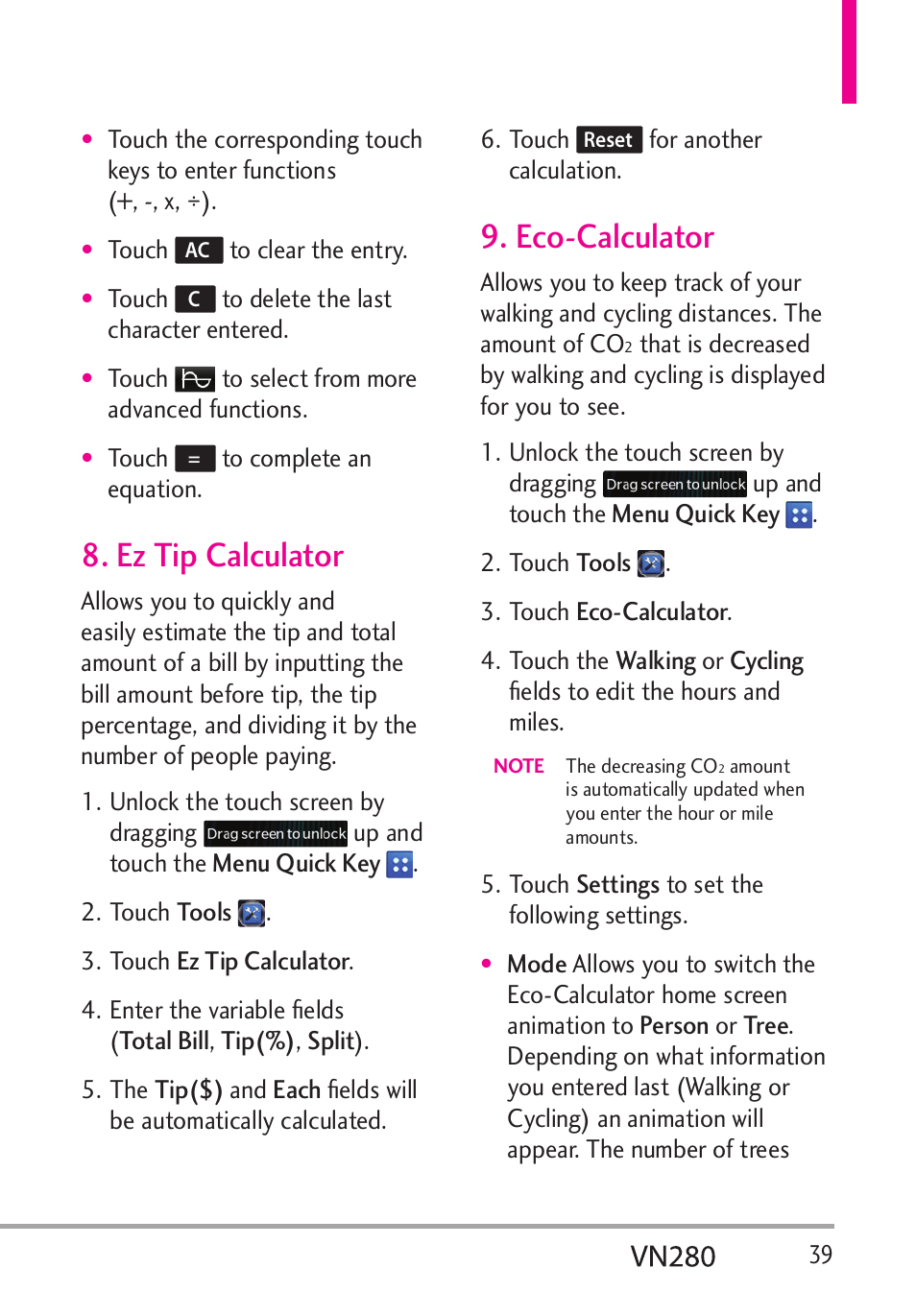 Ez tip calculator, Eco-calculator | LG VN280 User Manual | Page 41 / 126