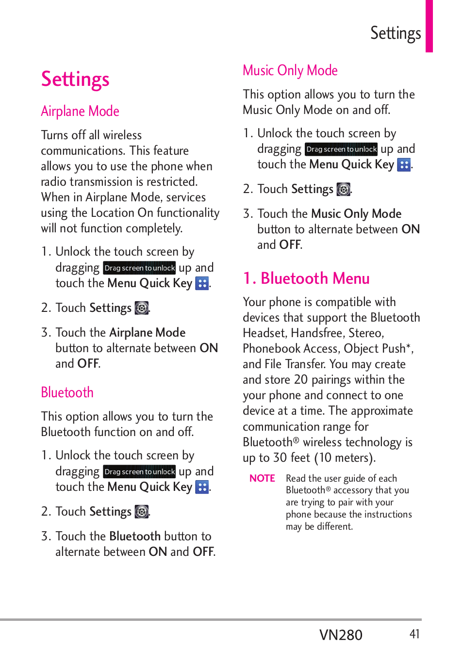 Settings, Bluetooth menu, Airplane mode | Bluetooth, Music only mode | LG VN280 User Manual | Page 43 / 126