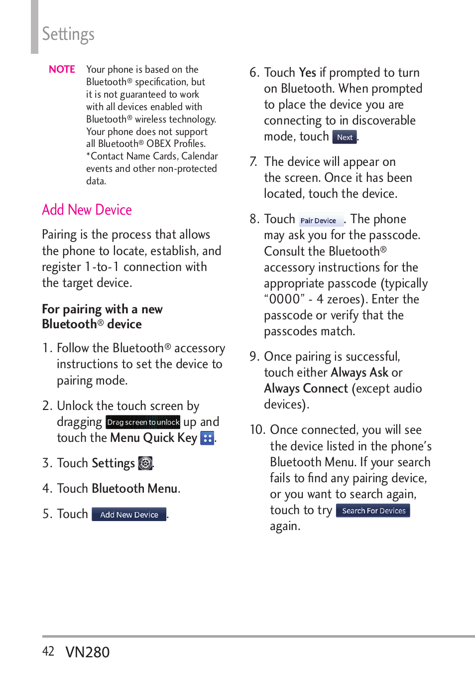 Settings, Add new device | LG VN280 User Manual | Page 44 / 126