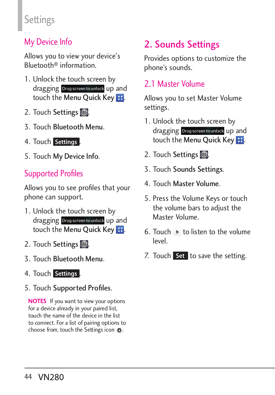 Settings, Sounds settings, My device info | Supported proﬁles, 1 master volume | LG VN280 User Manual | Page 46 / 126