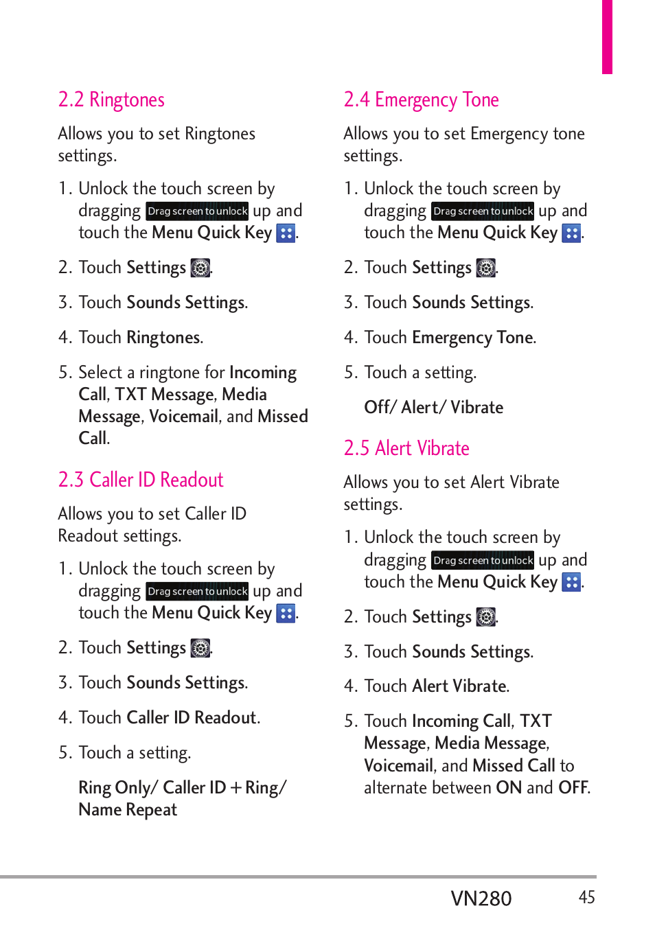 2 ringtones, 3 caller id readout, 4 emergency tone | 5 alert vibrate | LG VN280 User Manual | Page 47 / 126