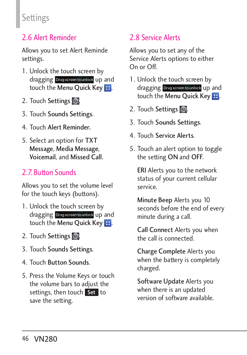 Settings, 6 alert reminder, Button sounds | 8 service alerts | LG VN280 User Manual | Page 48 / 126